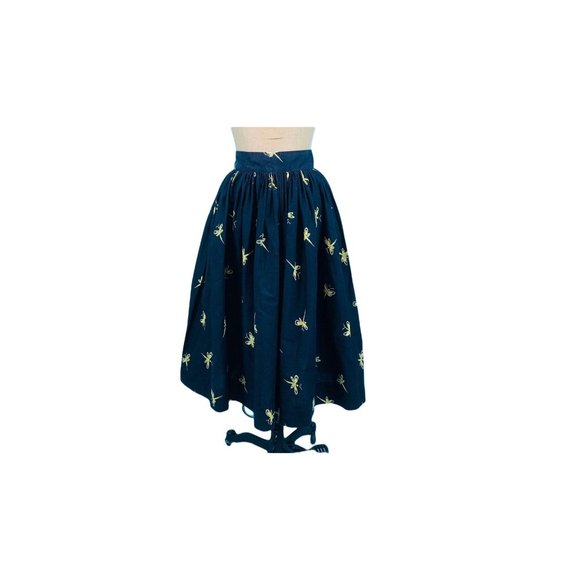 Vintage 50s Novelty Skirt Womens XXS Dragonfly Black Yellow Print W 24